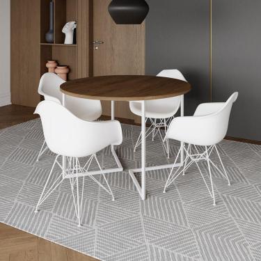 Imagem de Mesa Industrial Jantar Redonda Amêndoa 110Cm Base V Com 4 Poltronas Daw Brancas Ferro B Amendoa