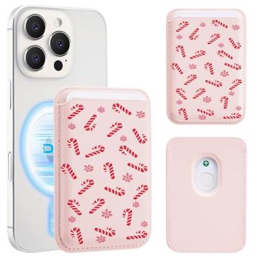 Imagem de OFQKOAKS Carteira magnética compatível com MagSafe para iPhone 16/15/14/13/12 séries, desenho animado de Natal, floco de neve, bengala doce, carteira de telefone de couro rosa para mulheres e meninas