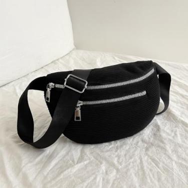 Imagem de Bolsa feminina de veludo cotelê – Pochete transversal moderna com fecho de zíper para passeios casuais, Preto, Medium, Moderno
