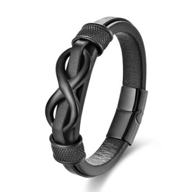 Imagem de REchoLI Pulseira masculina Infinity de aço inoxidável prata/preta de couro infinito, pulseira de couro masculina 21 cm / 8,26 polegadas, 21, Aço inoxidável, Sem Pedra Preciosa