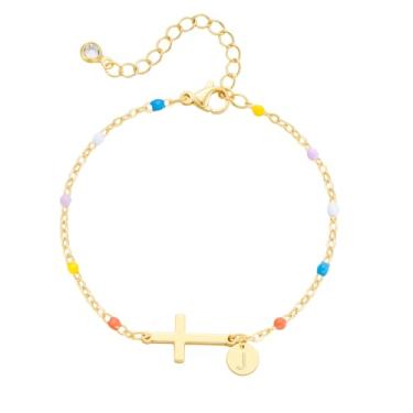 Imagem de Pulseira de cruz para mulheres delicadas coloridas com contas iniciais para mulheres adolescentes modernas ouro cristão batismo religioso joias presentes cesta de Páscoa, Small, Latão, Sem Pedra