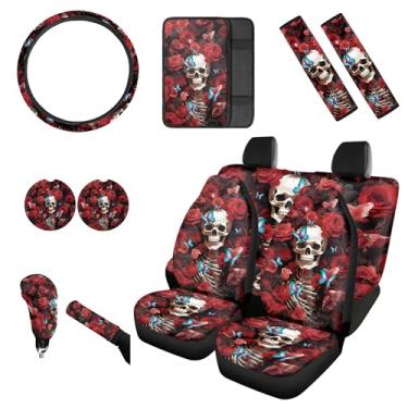 Imagem de gearider Conjunto de capa de assento de carro caveira 12 peças, com capa de volante, almofada de cinto de segurança, almofada de apoio de braço, capa de caixa de assento de freio de mão, conjunto de