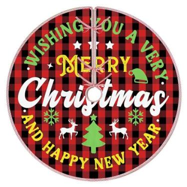 Imagem de Lengues Saia de árvore de Natal xadrez vermelha de 121 cm, saias de árvore de Natal de veados de inverno de ano novo para decoração de casa