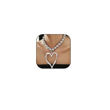 Imagem de Colar feminino com pingente de coração vazado de pérolas falsas, grosso, dourado, prata, coração, para mulheres, delicado, Natal, noiva, casamento, presentes, one size, Zinco, Sem Pedra Preciosa