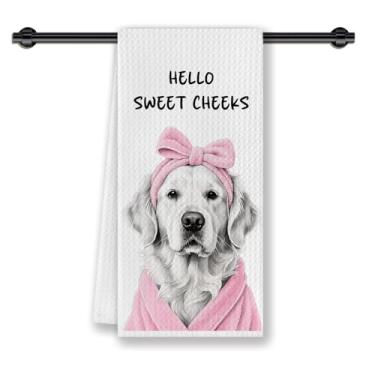 Imagem de CosxHabitat Toalhas de mão engraçadas de banheiro Golden Retriever, presentes para amantes de Golden Retriever, toalhas de chá decorativas de mão Hello Sweet Cheeks para banheiro, banheiro, spa