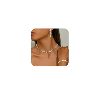 Imagem de BOOZIQ Conjunto de joias de casamento de prata para mulheres, colar de strass, pulseira, brincos pendurados, para noiva, dama de honra, cristal, formatura, acessórios de bijuteria, Choker Length
