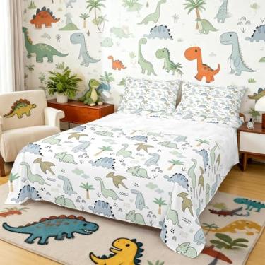 Imagem de Jogo de lençol casal infantil com desenho animado de dinossauro, 4 peças, aquarela, nuvem, árvores, dinossauro, animal (1 lençol com elástico, 1 lençol de cima, 2 fronhas) de luxo com bolso profundo