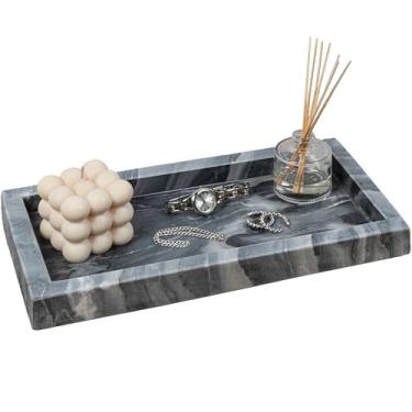 Imagem de happimess TRY4001C Bandeja de bancada retangular de mármore minimalista clássica de 30 x 15 cm para armazenamento, decoração, exibição, mesa de centro ou servir alimentos, preta