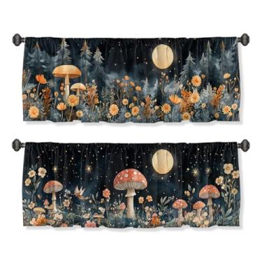Imagem de AWJJPO Linda saia de cortina de cogumelo escuro para janelas, pacote com 2, flores à luz do luar, bolso mágico, varão decorativo, para cozinha, banheiro, quarto, sala de estar, 137 x 45 cm