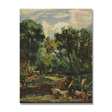Imagem de NHLDZYH Arte em tela de paisagem estilo Constable, (sem título 27), pintura romântica do campo inglês, decoração de parede texturizada com pincelada pesada. Apenas tela 30x40cm-11,8x15,7 pol