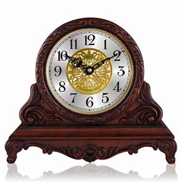 Imagem de Relógios de cornija vintage, relógio de mesa silencioso de madeira operado por bateria com sinos no horário, relógio de mesa decorativo para escritório em casa
