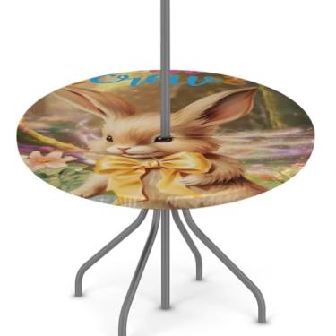 Imagem de hongjinglin Toalha de mesa de Páscoa para uso ao ar livre com orifício para guarda-chuva, toalha de mesa redonda elástica com zíper, impermeável, limpável, para piquenique, festa, pátio, serve para