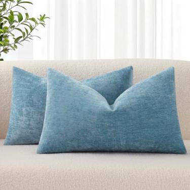 Imagem de decorUhome Capas de almofada cinza azul chenille conjunto de 20 x 50 cm, capas de almofada decorativas macias para sofá com detalhes tingidos sólidos para casa de fazenda neutra retangulares para