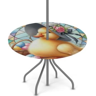 Imagem de hongjinglin Toalha de mesa de Páscoa para uso ao ar livre com orifício para guarda-chuva, toalha de mesa redonda elástica com zíper, impermeável, limpável, para piquenique, festa, pátio, serve para