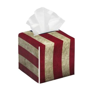 Imagem de Suporte quadrado de couro para caixa de lenços de papel, impermeável, vintage, bandeira dos EUA, organizador de papel facial com cinto inferior, estojo de lenços para mesa, banheiro, escritório, mesa