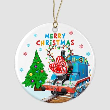 Imagem de VPDande22 Enfeite de cerâmica de desenho animado de trem azul Merry Christmas, decoração de pendurar de férias inspirada em amigos de desenho animado Thomas, enfeite de dupla face para crianças