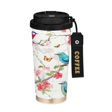 Imagem de SEHANY Caneca de café de viagem Flores e pássaros de 482 g com tampa revestida de cerâmica e à prova de vazamento, parede dupla, copo de aço inoxidável isolado a vácuo para bebidas quentes e frias