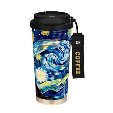 Imagem de SEHANY Caneca de café Starry Starry Night Travel de 500 ml com revestimento de cerâmica e tampa à prova de vazamento, parede dupla, isolada a vácuo, copo de aço inoxidável para bebidas quentes e frias