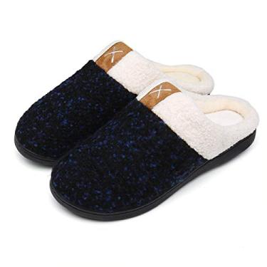Imagem de UBFEN Pantufas masculinas de espuma viscoelástica confortável forro de pelúcia sem cadarço para uso interno e externo, Azul marino, 9-10 Women/6-7 Men