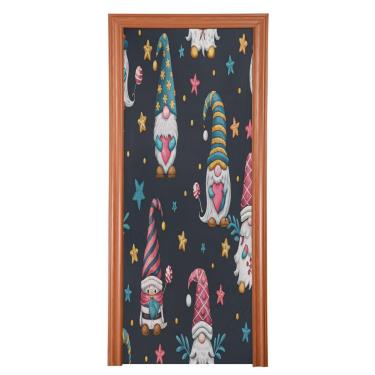 Imagem de ATTX Capa de porta da frente de gnomo de desenho animado de Natal - decoração de férias de tecido elástico lavável para festas, casa, decoração de porta da frente, 35 x 79 polegadas (415)