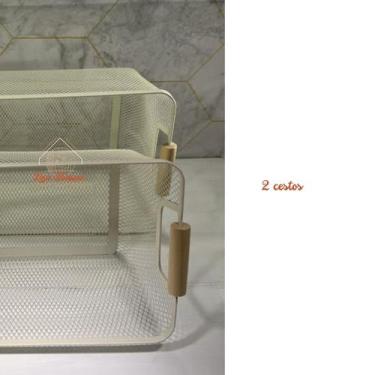Imagem de Cesto Organizador Médio Telado Alça de Madeira Retangular para Aliment