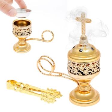 Imagem de Queimador de incenso católico com pinça, suporte de incenso de metal polido tradicional, ornamento de fragrância de aromaterapia com cones cruzados de 15 cm, ideal para aromaterapia, ioga e spa (ouro)