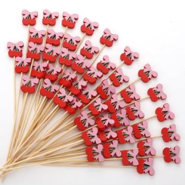 Imagem de Bokon 200 Pçs Palitos de Coquete de Cereja Coquete Vermelho Longo Palitos de Bambu Tema de Cereja Bebida de Frutas Aperitivos Decoração de Espetos para Casamento, Férias, Aniversário, Bachelorette