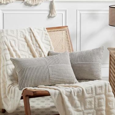 Imagem de Fancy Homi 2 pacotes de capas de almofada decorativas para lombar cinza neutro 40 x 81 cm para sala de estar, sofá-cama, decoração de casa de fazenda, capa de almofada retangular de veludo cotelê