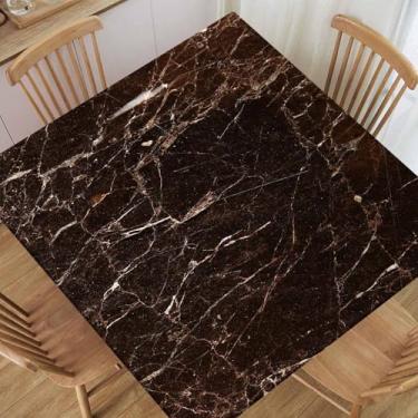 Imagem de TREGAUSI Toalha de mesa quadrada de mármore com borda elástica marrom escuro toalhas de mesa impermeáveis panos de poliéster para jantar em ambientes internos e externos, adequado para mesas de 122 x