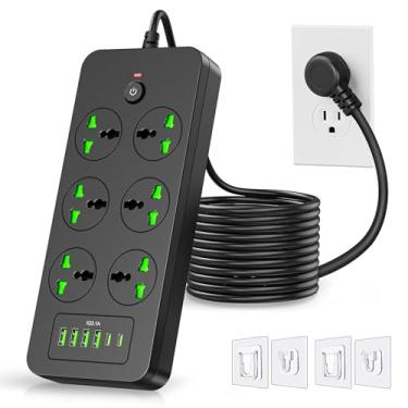 Imagem de Cabo de extensão de tomada plana, extensão universal com 6 tomadas, 4 portas USB 2 USB C, carregamento rápido de 3,1 A, proteção contra sobrecarga, 3000 W, 110-240 V, adaptador de tomada para