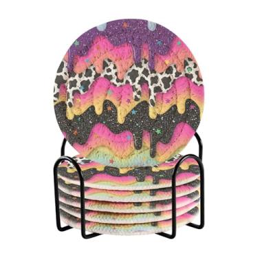 Imagem de GakkiGii Conjunto de 6 porta-copos redondos absorventes de iogurte colorido com suporte, porta-copos de tecido para mesa de centro, bar, decoração de cozinha