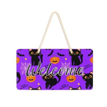 Imagem de Burbuja Placa de boas-vindas Cats Pumpkins para porta da frente, placa de boas-vindas de PVC para decoração de férias, 15 x 28 cm