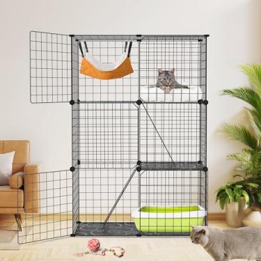 Imagem de Gaiola e caixa grande para gatos de 3 níveis - cercadinho interno destacável para gatos com 3 portas e 2 rampas, caixa de metal para gatos para 1-2 gatos, furões, animais de estimação pequenos, 71 x