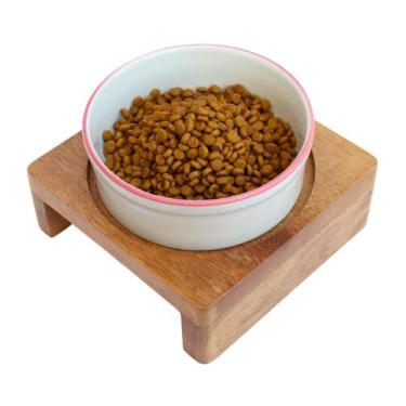Imagem de Comedouro Elevado Madeira P/ Cachorro Gatos Tigela Porcelana - Ô Bichi