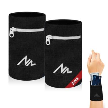 Imagem de NEWZILL Pulseira carteira de pulso com zíper – faixas de suor de algodão para homens e mulheres, ideal para esportes, corrida, caminhada, basquete, futebol, tênis, caminhadas, treino, preto/branco