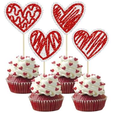 Imagem de Gyufise 24 peças de enfeites de cupcake de coração vermelho com glitter vermelho para o dia dos namorados, coração de cupcake, decorações de bolo de coração de amor para chá de panela, festa de noivado, decoração de bolo suprimentos