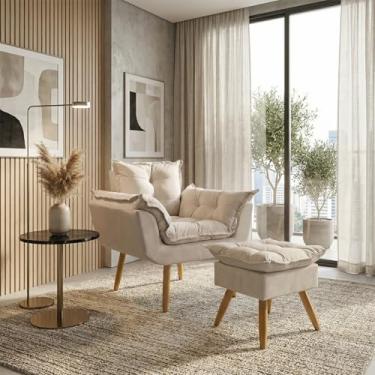 Imagem de Kit Poltrona Decorativa Confortável Para Sala Recepção Manicure com Puff Para Quarto Penteadeira Closet Quadrado Tecido Suede (Bege)