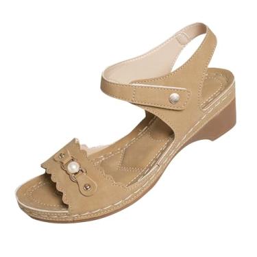 Imagem de Sandália feminina fashion casual versátil fivela primavera verão confortável salto grosso bico aberto lazer ao ar livre calçado material PU, Marrom, 36