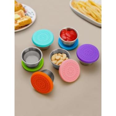 Imagem de Pacote com 6 recipientes de molho de salada de 68 g, copos de aço inoxidável à prova de vazamento com tampas de silicone, recipientes reutilizáveis para condimentos para viagem, almoço, piquenique