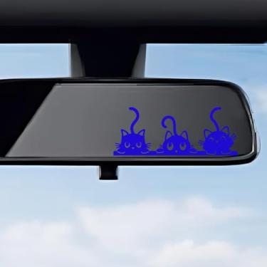 Imagem de Adesivo de vinil com espelho retrovisor de três gatos fofos, adesivo de acessórios de carro de gato fofo à prova d'água, decoração multiuso para banheiros e computadores (azul)