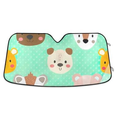 Imagem de Toldo de sol verde pastel com rostos de animais fofos para para-brisa de carro, protetor solar retrátil universal para caminhão dianteiro de carro M, 139,7 cm x 70,1 cm