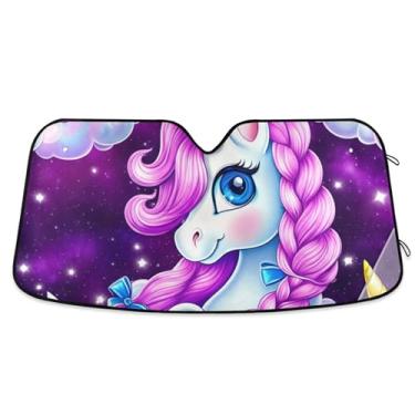 Imagem de Toldo de sol personalizado fofo unicórnio rosa roxo para para-brisa de carro engraçado universal dobrável óculos de sol para janelas dianteiras floral automotivo M, 139,7 cm x 70,1 cm