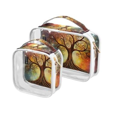 Imagem de Papel de parede floral em preto com aquarela sacos de viagem de plástico transparente com zíper, bolsa de maquiagem para meninas, pacote com 2, Árvore em um espaço-2, one size