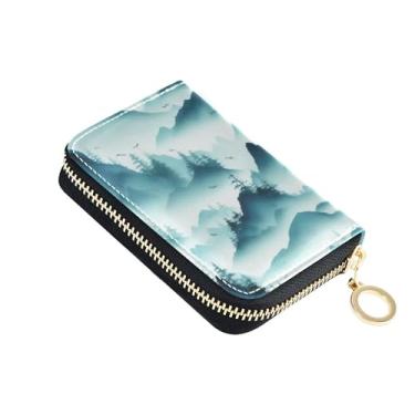 Imagem de Carteira feminina pequena com bloqueio de RFID em aquarela Mountains azul e verde, linda carteira de viagem de couro com zíper