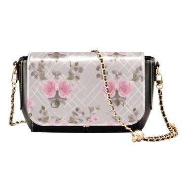 Imagem de Bolsa tiracolo feminina de couro floral em tons de verde, bolsa de ombro de couro médio, bolsa de ombro feminina de couro, Pink Roses and Hearts With Love-1, One Size