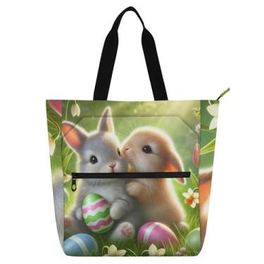 Imagem de Sacola para livros de Páscoa Spring Bunny Friends para crianças e mulheres – Bolsa de lona com zíper com estampa de animal fofo para escola, trabalho, viagens e presentes