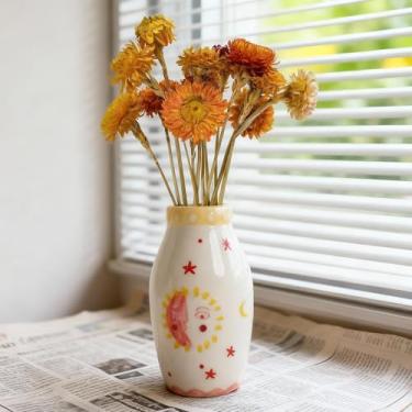 Imagem de Tnstbiee Lindo vaso de cerâmica boho, pequeno creme, sol e lua, vaso decorativo redondo para flores secas/rosa única/grama dos pampas, vaso de mesa moderno para mesa de centro de jantar, presente