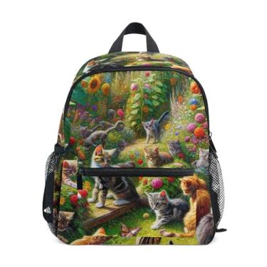 Imagem de Kitten Cat Print Spring Garden Backpacks for Toddlers with Whistle, Adjustable Chest Strap, Mini Backpack for Girls Lightweight & Compact for Ages 3-8