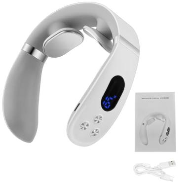 Imagem de Massageador de pescoço inteligente portátil com calor e 16 níveis de intensidade, recarregável e leve, design ergonômico para alívio da tensão do pescoço, ideal para escritório, casa e uso em viagens