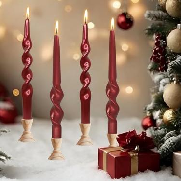 Imagem de Velas espirais de Natal, velas cônicas vermelhas metálicas - Castiçal sem cheiro de 25,4 cm para presente de inverno, Natal, decoração de casa, velas, pacote com 4